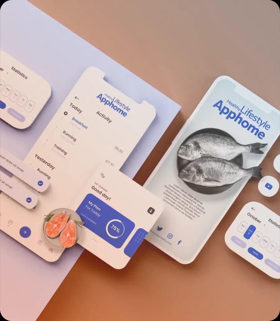 App screen designs laid out on a desk
