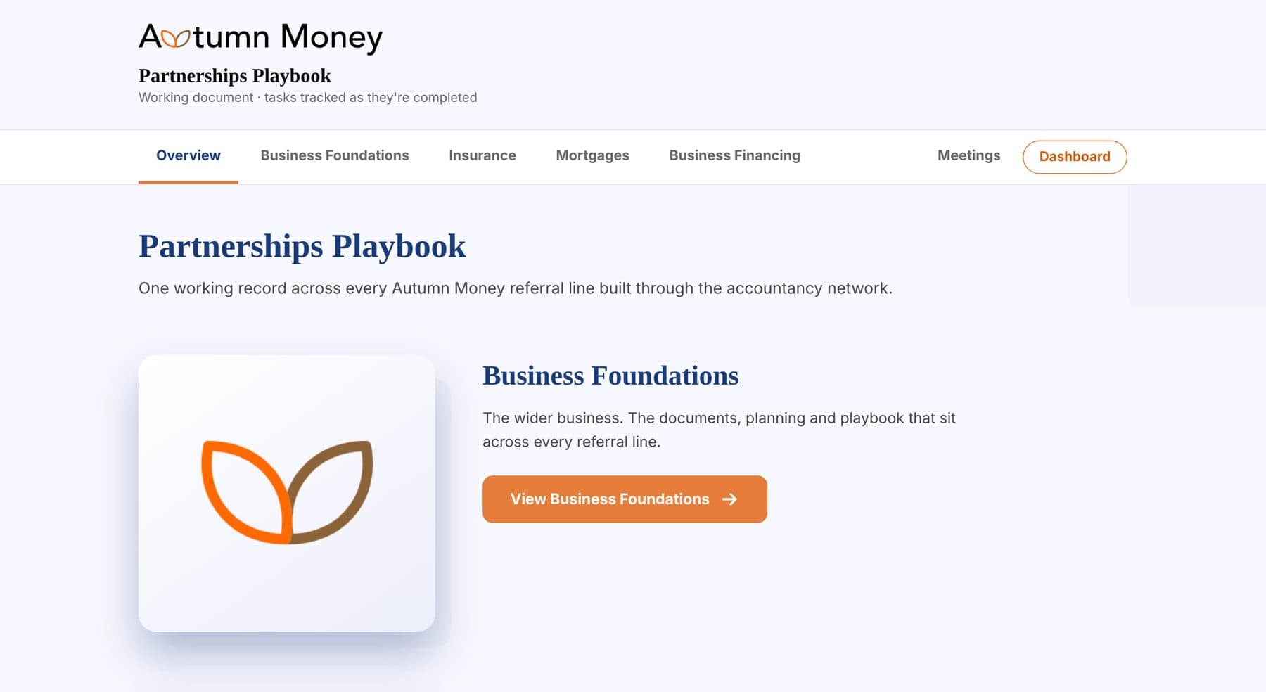 The Autumn Money Partnerships Playbook, with tabs for business foundations, insurance, mortgages and business financing