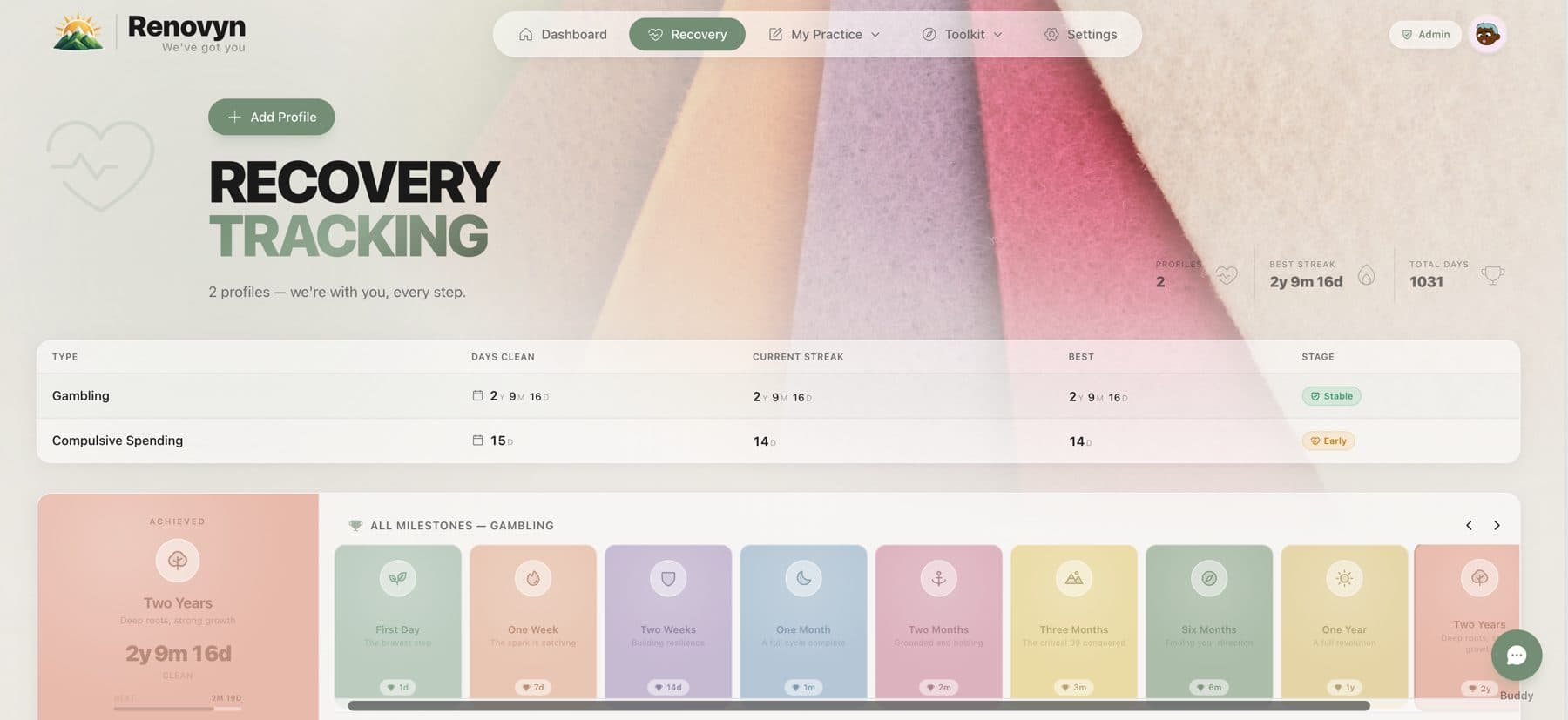 Renovyn recovery tracking screen showing recovery profiles, days clean, streaks and milestones